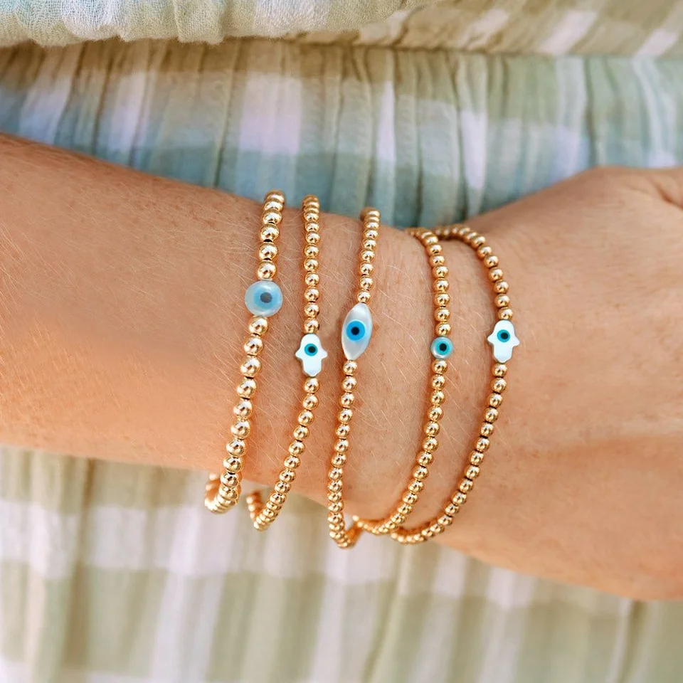 Vlen Lucky Evil Eye náramky Hamsa Ručné náramok pre ženy 18 K Zlaté guľôčky s guľôčkami natiahnuté pulzéry ochranné šperky