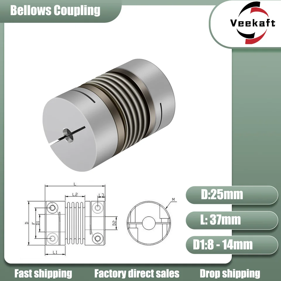 Vlnitá väzba D25L37 4/5/6/6,35/8/9/9,525/10/12 mm CNC Hliníková zliatina pre zostupné spojky motorového motora 3D tlačiareň 3D tlačiareň