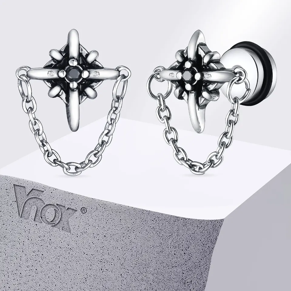 Vnox Gothic Black Zirkon Stone Star náušnice pre mužov, hviezdy s náušnicami s reťazovými bodmi, unisex punk rock retro šperky
