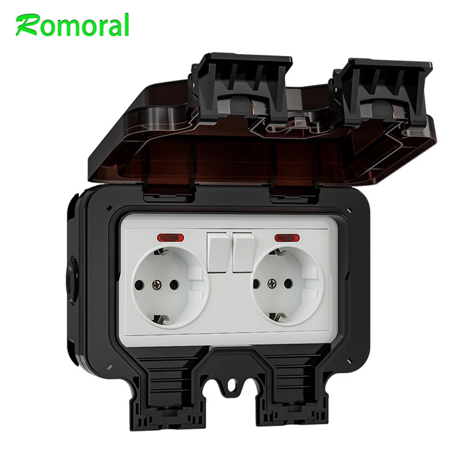 Vodotesná zásuvka EU zástrčka IP66 Outdoor Socket Box 16A Spínač nástennej objímky Európska štandardná prachová nepremokavá vonkajšia zástrčka