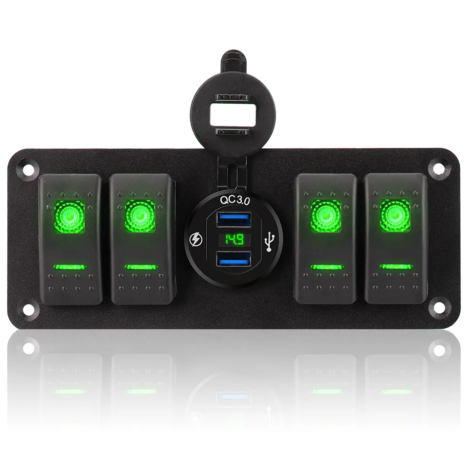 Vodotesný 4 gangový spínač panelu Panel Morine Rocker Switch Panel 12 ~ 24 V Digitálny voltmeter obvodu LED