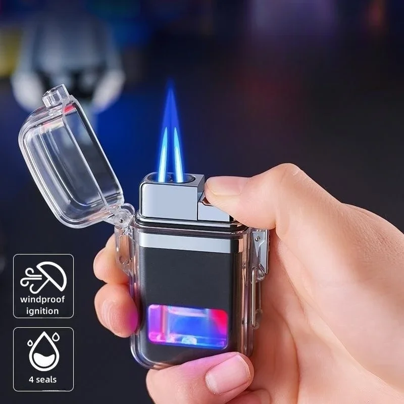 Vodotesný butánový plyn Spater Turbine Turbine Torch Flame Flame Upaľovače doplňujúce vetru odolné voči duálnym prúdovým plameňom priehľadné vonkajšie pánske darček