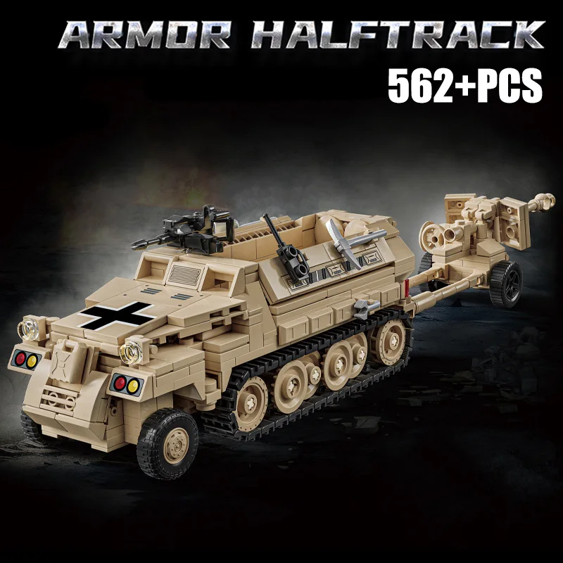 Vojenská vojna WW2 Armor Halftrack Building Bloft Blocks Blocks MoC vojakov Swat Armored Carrs Anti-Tank Gun Hračky pre deti dary
