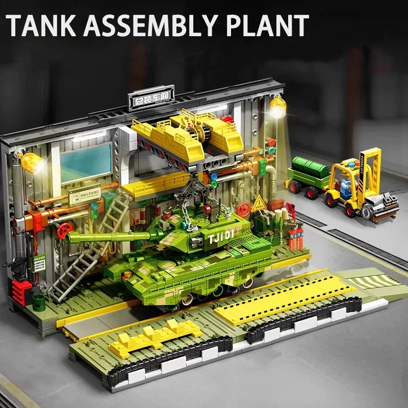 Vojenské tankové montážne stavebné bloky WW2 Tank Model Workshop Workshop Model tehly Hračky pre darček vianočných darov s LED MOC