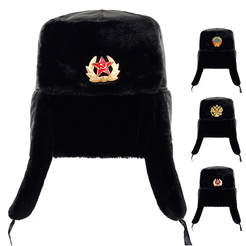 Vojenský odznak sovietskej armády Rusko Ushanka bombardované klobúky pilot pasca Trapper Trooper Hat Winter Faux Rabbit kožušinové uši muži snehové čiapky