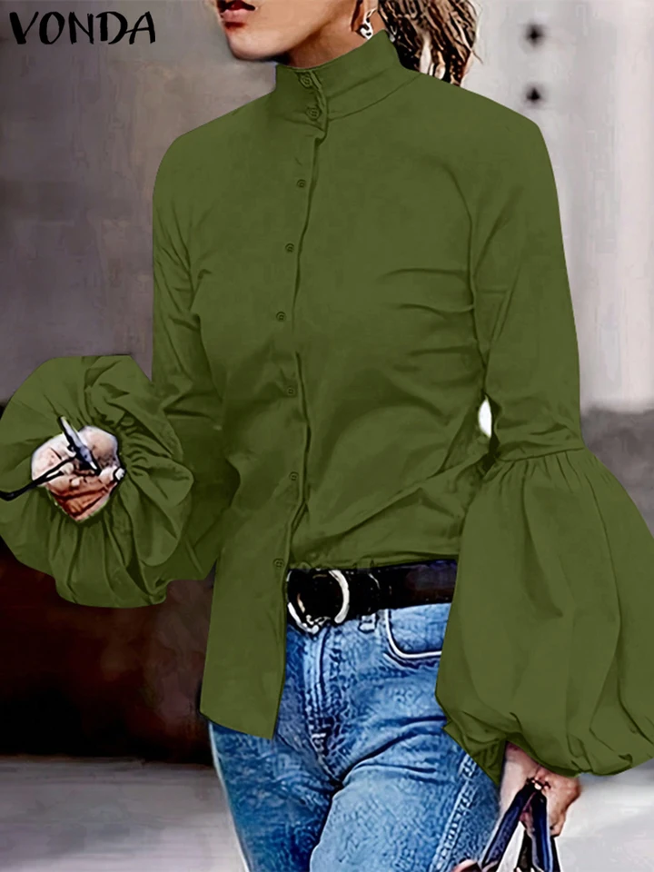 Vonda Dámske košele 2024 Jeseň móda Puff s dlhým rukávom Topy Tops Casy Streetwear Blusas Sexy stojanový golier Bottun Up Solid blúzka