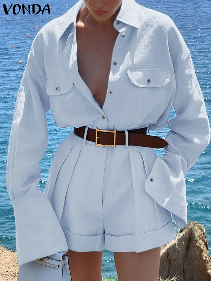 Vonda Fashion Solid Solid 2ks krátke súpravy Ženy Príležitostné slova rukávy klopné gombíky Tops Suits Vložte vreckové krátke súpravy jednoduché oblečenie