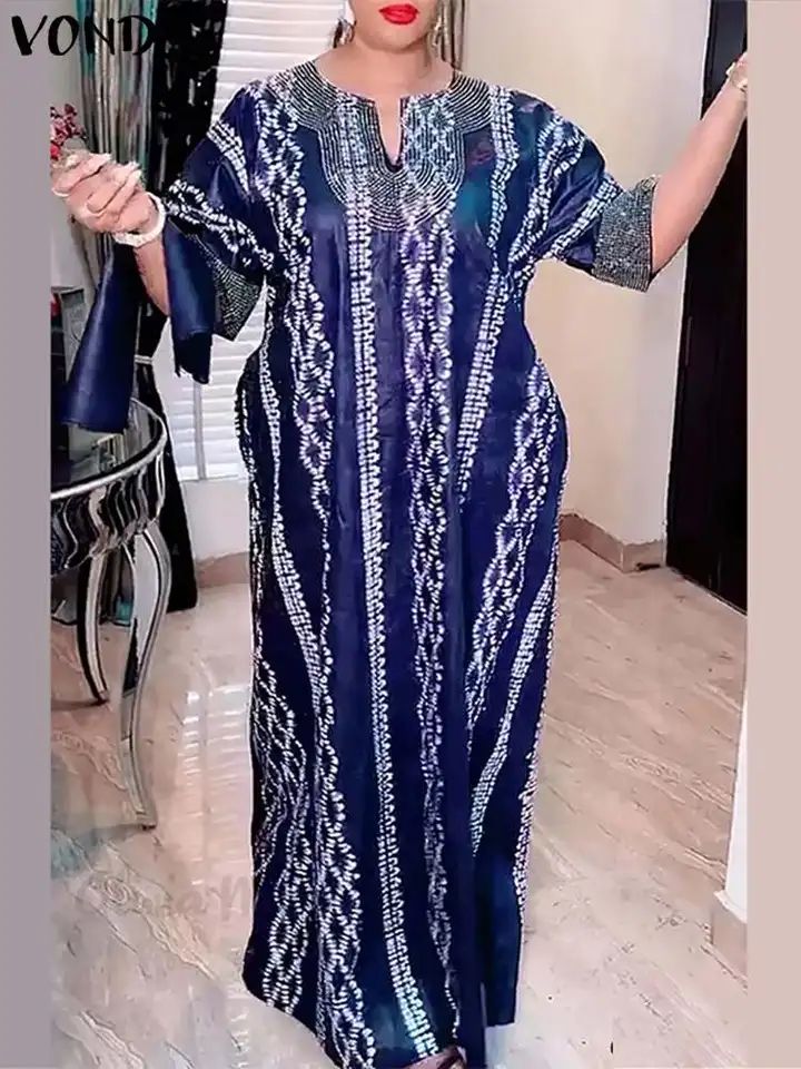 Vonda vytlačené dlhé šaty Vintagewomen Bohemian Vestidos 2024 Príležitostné 3/4 rukávy Maxi Sundress Simple Simple Elegant Roup