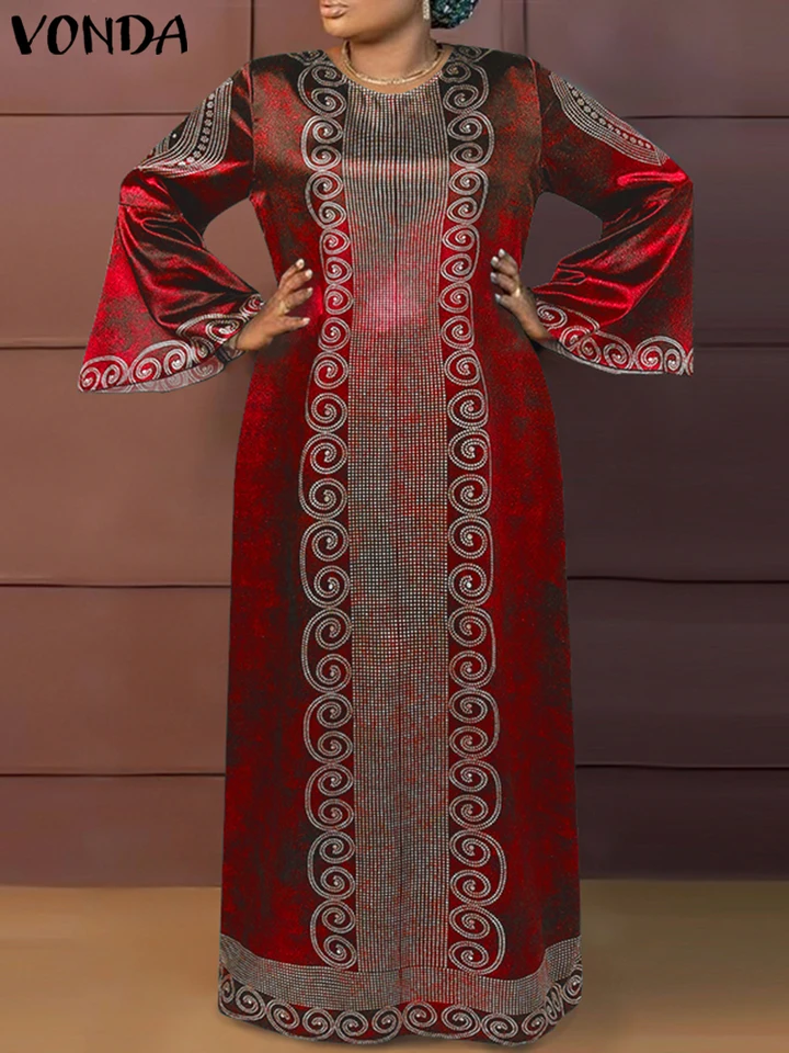 Vonda ženy vintage maxi dlhé šaty 2024 Bohemian tlačené slnečné šaty elegantné O-krk s dlhým rukávom voľný rúž Vestido nadmerne nadmerne