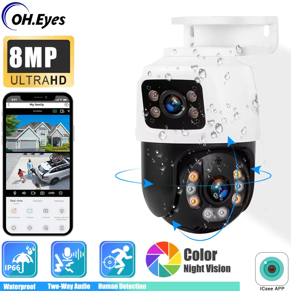 Vonkajšia duálna šošovka PTZ 4K 8MP Poe IP Camera Camera Camera Camera Video CCTV Sledovanie Onvif ICSEE CAMOAN DUAL-SCREEN