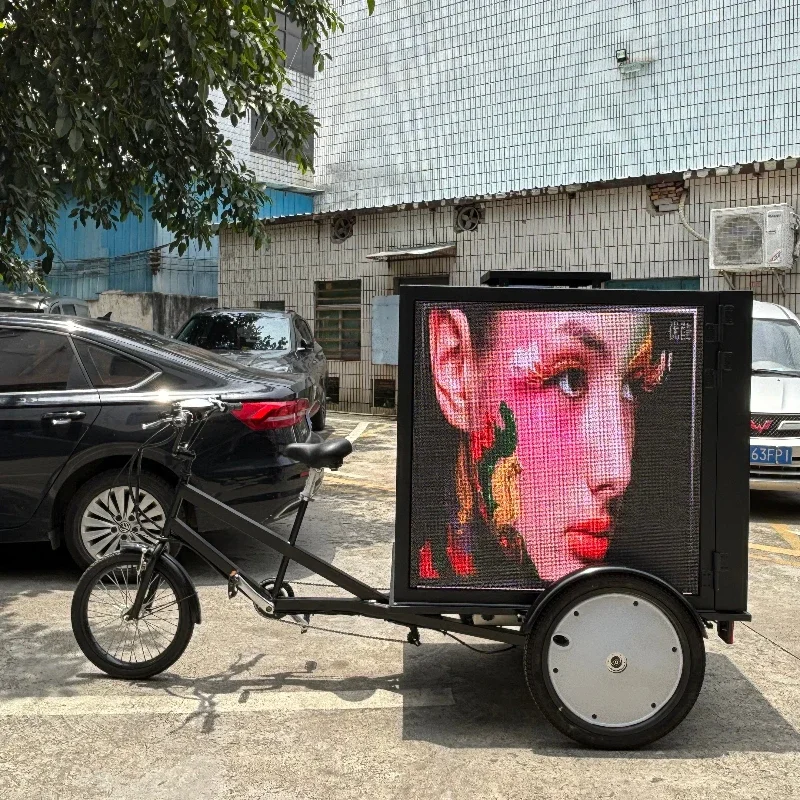 Vonkajšia mobilná reklamná trojkolka na predaj mini reklamné bicykle s tromi stranami LED obrazovkou