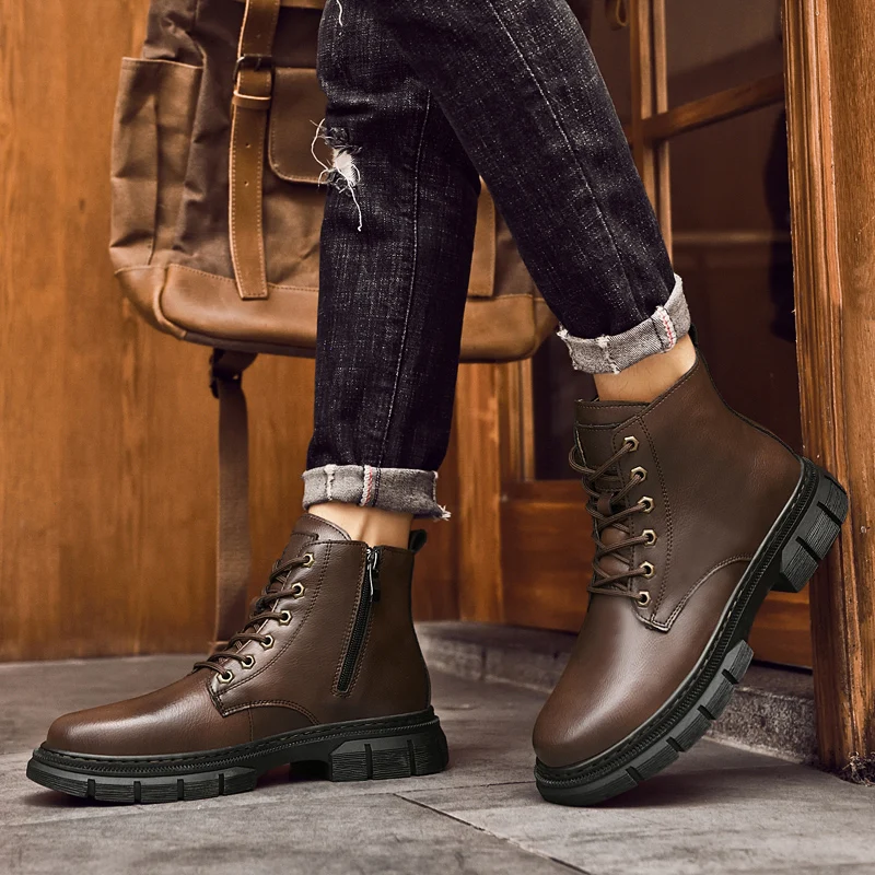 Vonkajšie originálne kožené topánky Men Spring High Casual topánky pre mužov trend zips prechádzky zimné šnurovanie šnurované kovbojské členkové topánky