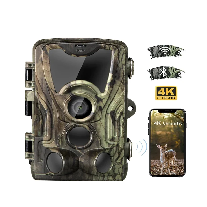 Vonkajšie wifi801pro 4k živé video lovecké kamery Aplikácia Bluetooth Control Wildlife Cameas 30MP Night Vision IP65 Photo pasce
