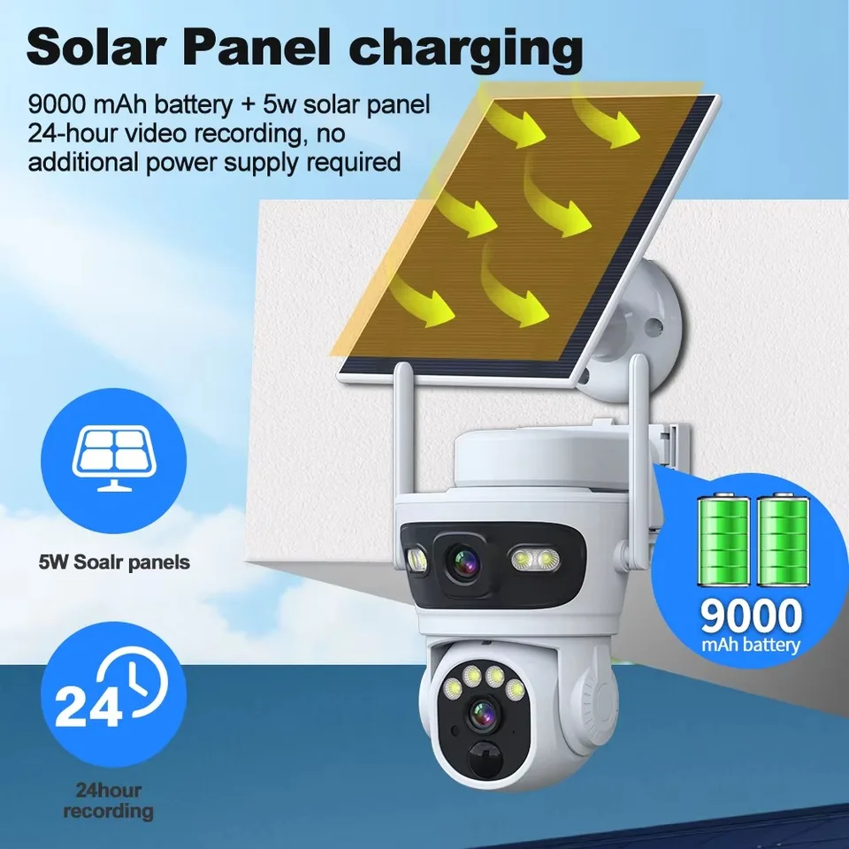 Vonkajší bezdrôtový 6MP 3K WiFi Solar Dual Dual Lens PTZ IP Camera CCTV Sledovacia kamera s ochranou zabezpečenia solárneho panela