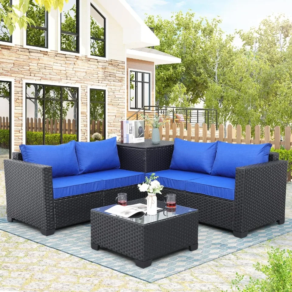 Vonkajší PE prútený nábytok sada 4 kusová terasa Rattan Section Secum Couch Set Konverzácia pohovka s skladovacím sklom sklenený horný stôl