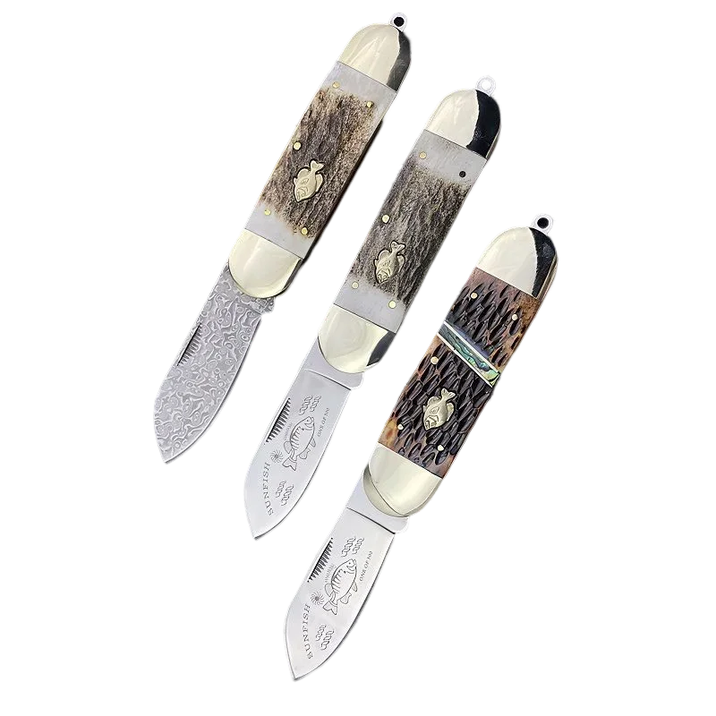 Vonkajší slnečný slnečník Damascus /1.4116 oceľový čepeľ Antler Ox Bone Copper Ruck Lunting Self-Defense ostrý skladací nôž