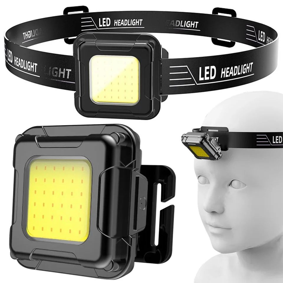 Vonkajší svetlomet USB Nabíjateľná pracovná baterka Multifunkčná hlava Torch Mini Cob LED svetlomet na kempingový rybársky turistiku