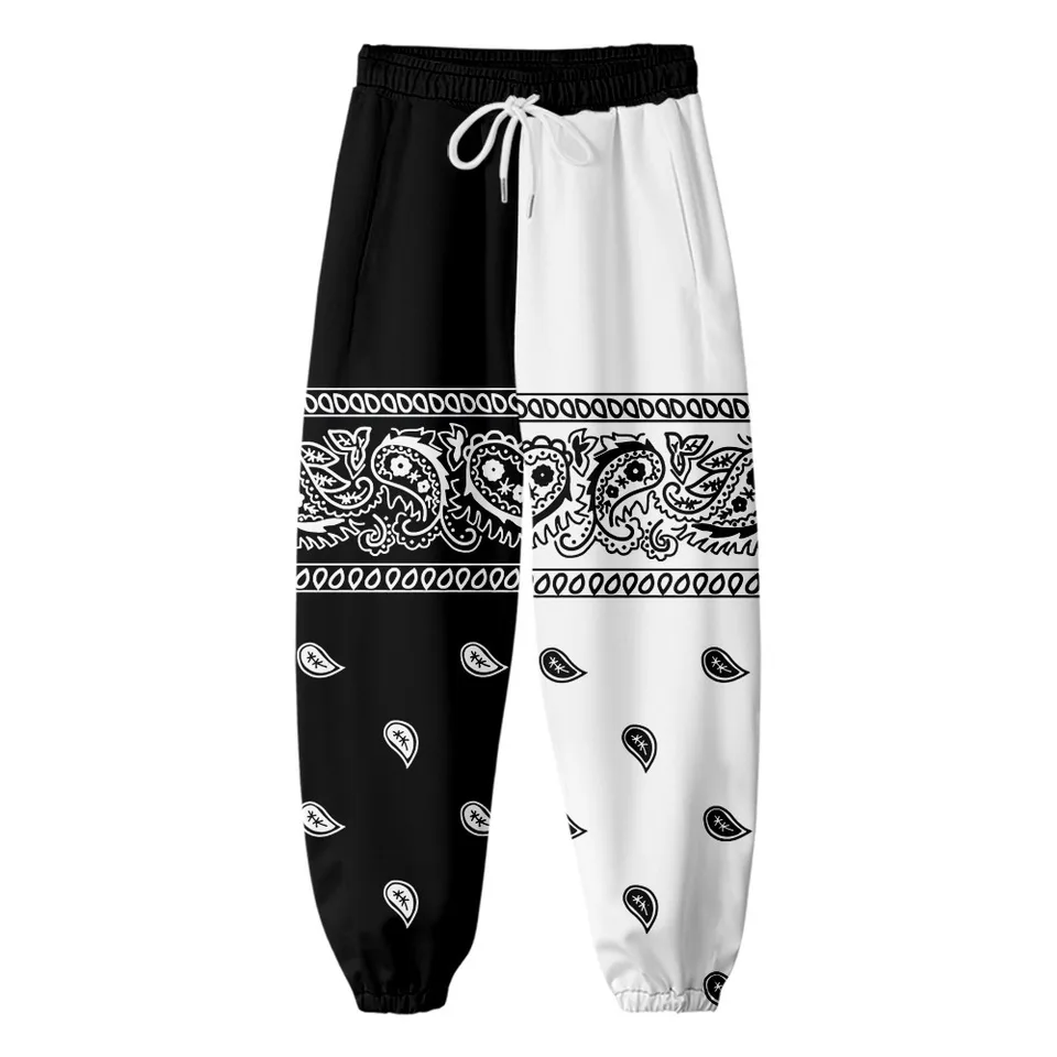 Voľné neformálne čierne a biele patchwork tlačené nohavice na streetwear hip hop nákladné nohavice módne joggingové nohavice