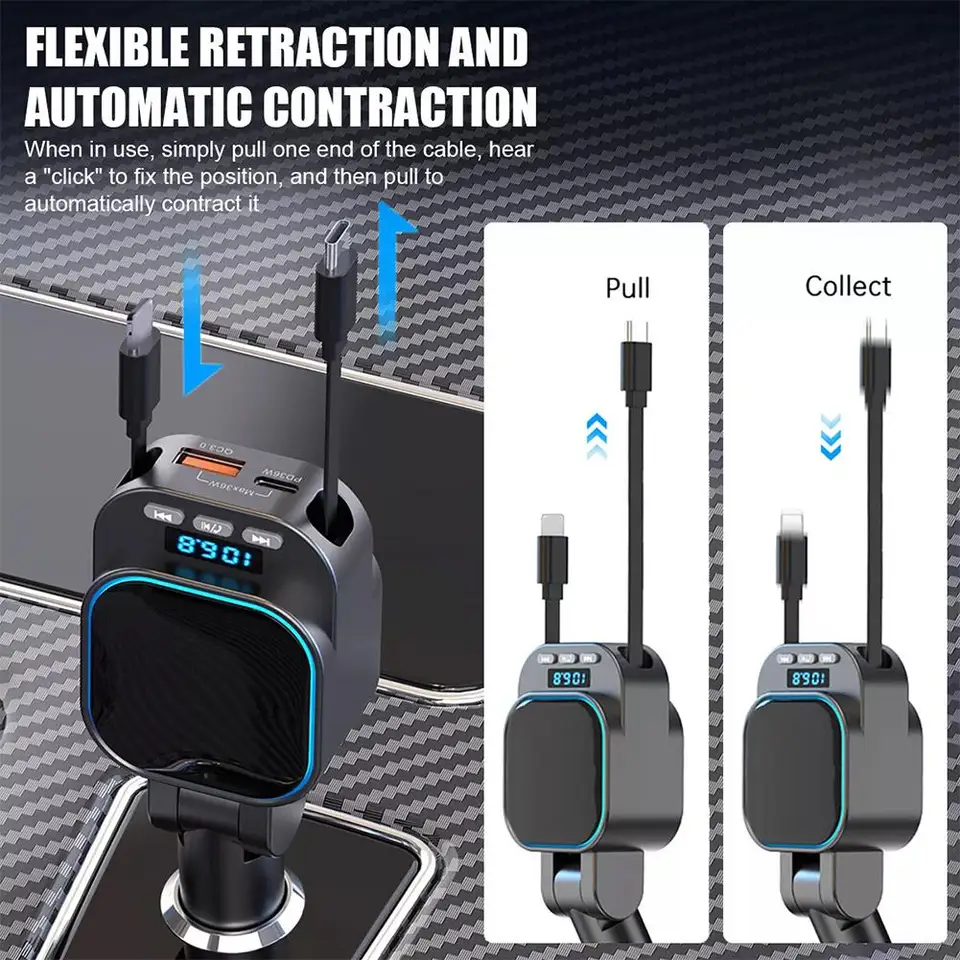 VR Robot FM vysielač Bluetooth 5.3 CAR MP3 Player 96W PD typu C+QC3.0 Rýchla nabíjačka automobilu s 2 vytiahnuteľnými káblami pre Pho Z0J2