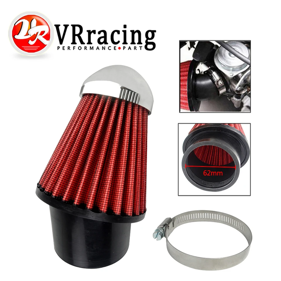 VR - Červená motocyklová tkanina vzduchový filter 62 mm Univerzálny pre motorové auto mini bicykel studený vzduchový prívod Vysoký prúd kužeľový filter