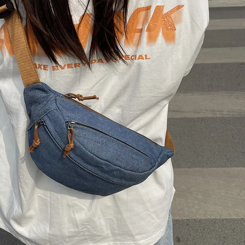 Vrecko na hrudník pre ženy v taškách s masovou farbou Vysoko kvalitné dámske taška na rameno džínsová tkanina Fanny Pack Crossbody Small Bag