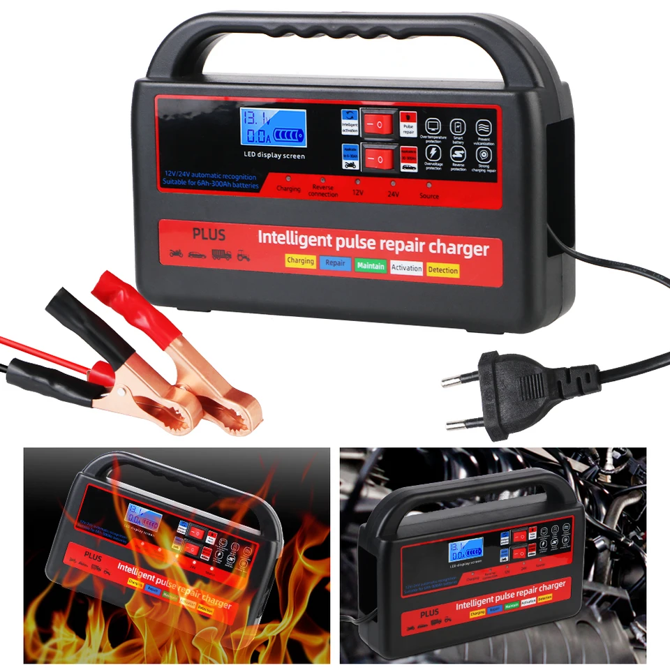 Vreckový digitálny LCD displej automobilu Motorcycl Battery Charger Automatic Pulse Oprava 12v / 24v inteligentný pulz rýchly nabíjanie energie