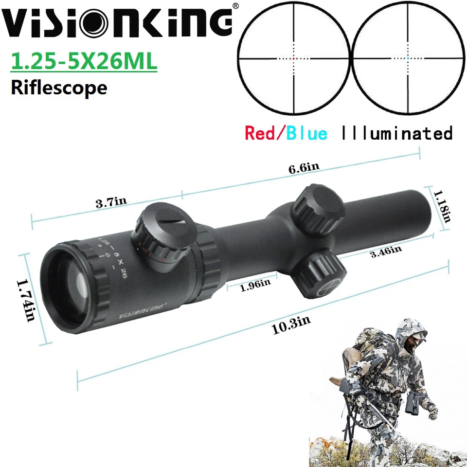 VSionking Wide View 1,25-5x26 Lovecké pušky Lightweigh mIl dot osvetlené 0,25 moa nepremokavé Ar15 Sniper Optics Sight .223