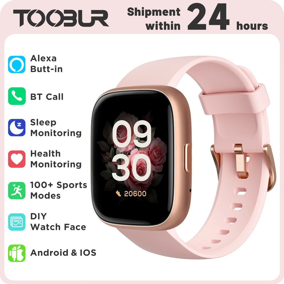 Vstavané Alexa vstavané Toobur Smart Watch Monitor srdcovej frekvencie Sleeper Sleeper Pedometer IP68 Vodotesné inteligentné hodinky kompatibilné so systémom Android iOS Android