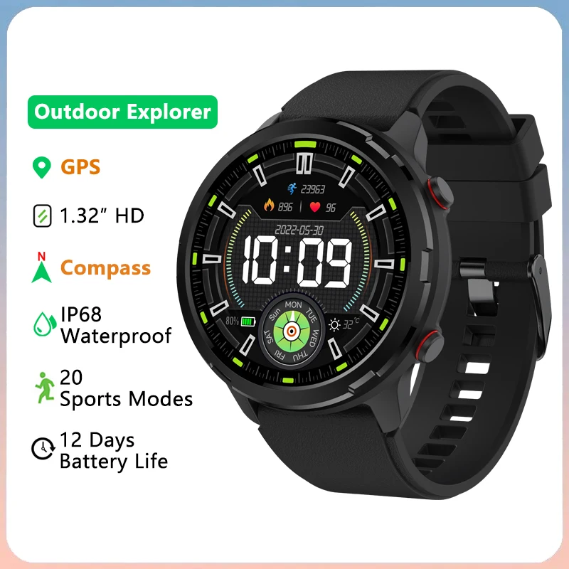 Vstavaný GPS Compass Smart Watch IP68 nepremokavý vonkajší športový srdcový rytmus Krvný tlak Sleep Fitness Monitor Smart Watch