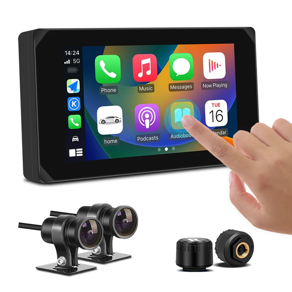 VSys CarPlay Android Auto Motocycle DVR GPS navigácia 5.0 '' dotyková obrazovka s prednými zadnými kamerami 1080p kamery TPMS parkovací režim WiFi