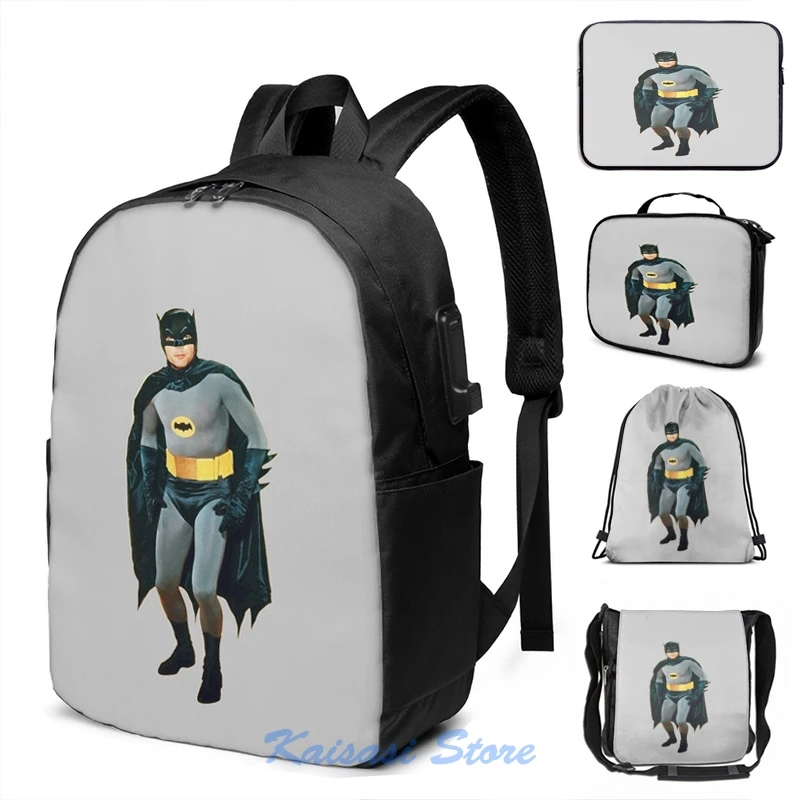 Vtipná grafická tlač Adam West Legend 5 USB Poplatok batohu Men School Bags Dámske taška na cestovný laptop tašku