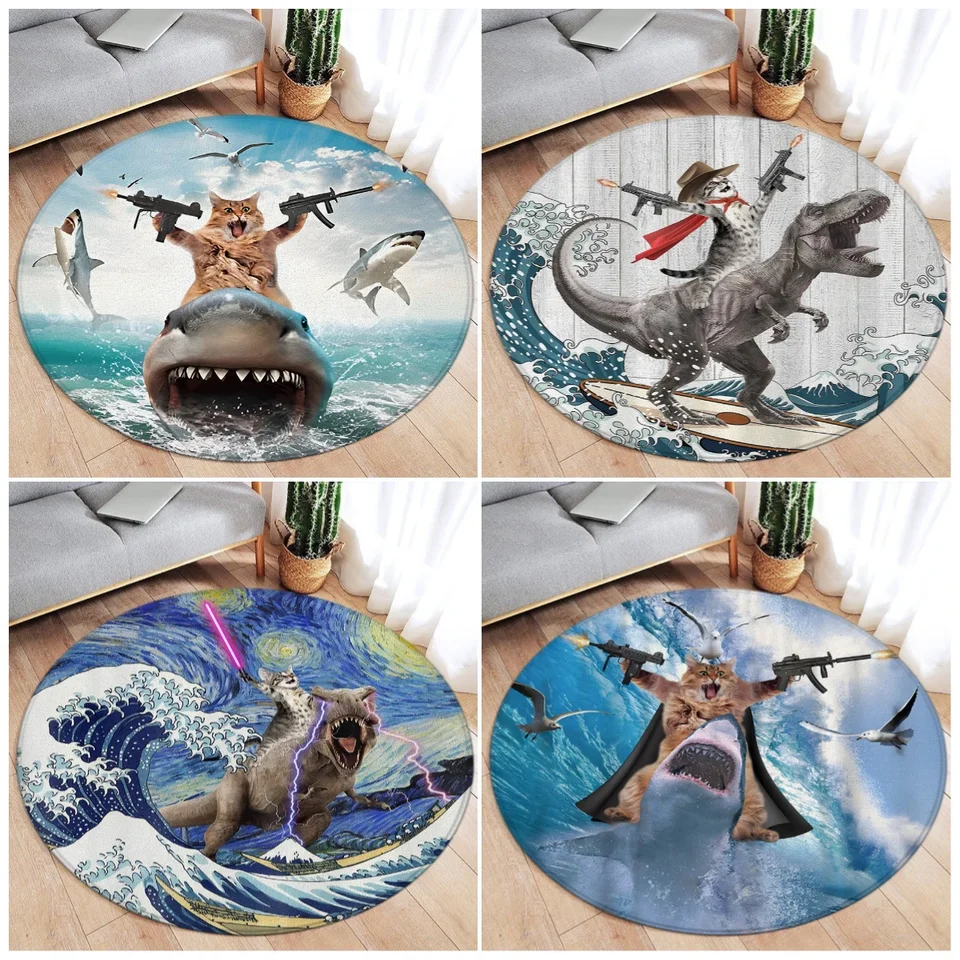 Vtipná mačka jazda na dinosaurovi okrúhle koberec roztomilý zviera Žralok morské vlny morské vtáky karikatúra domov obývacia izba Spálňa dekoratívne podlahové koberec