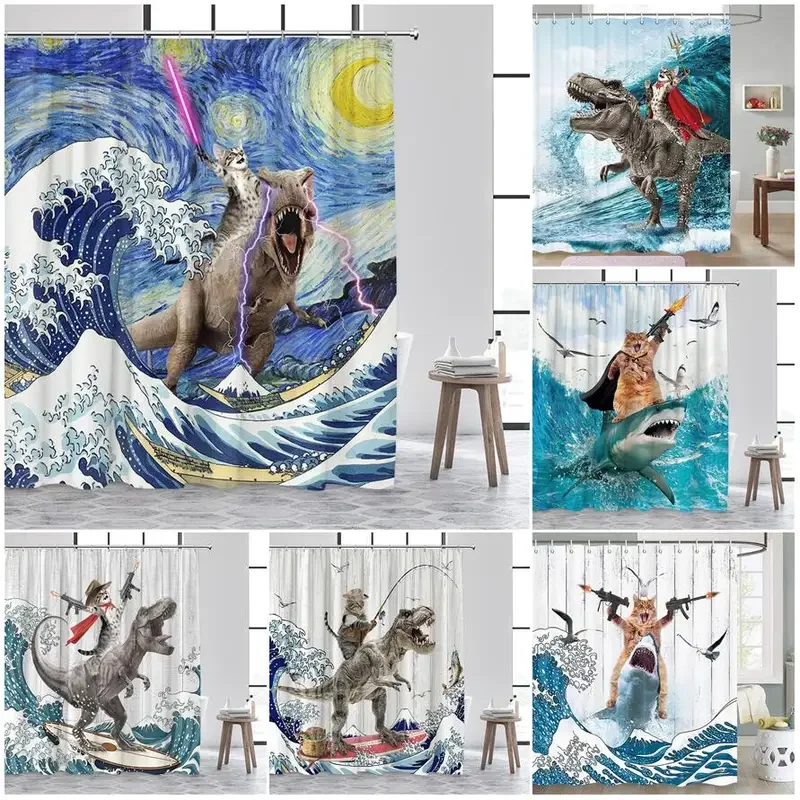 Vtipná mačka jazda na dinosaurovi sprchové závesy morské vlny hviezdne oblohy žraloky vtáky kreatívne detské detské závesy polyesterová kúpeľňa dekor