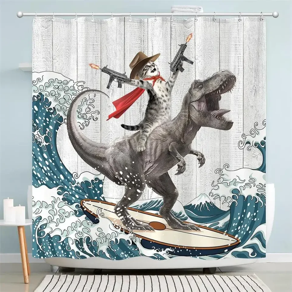 Vtipná mačka jazda na koni dinosaurus sprchové záclony roztomilé zvieracie morské vlny surfovanie kreatívny detský kúpeľ