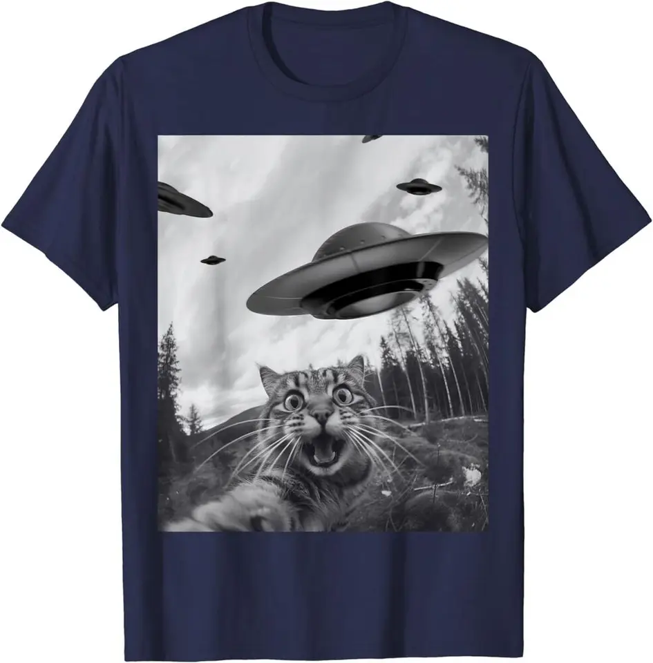 Vtipná mačka selfie s mimozemšťanom UFO Cool Animal Lover Unisex Tričko vysokokvalitné 100%bavlnené krátke rukávy