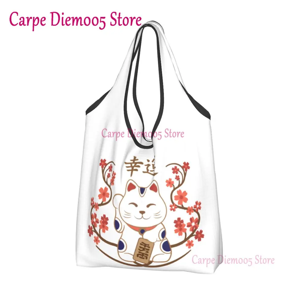 Vtipná tlač Maneki Neko Cat s množstvom šťastia Kanji Tote Shopping Bag Prenosná nakupovacia ramenná kabelka