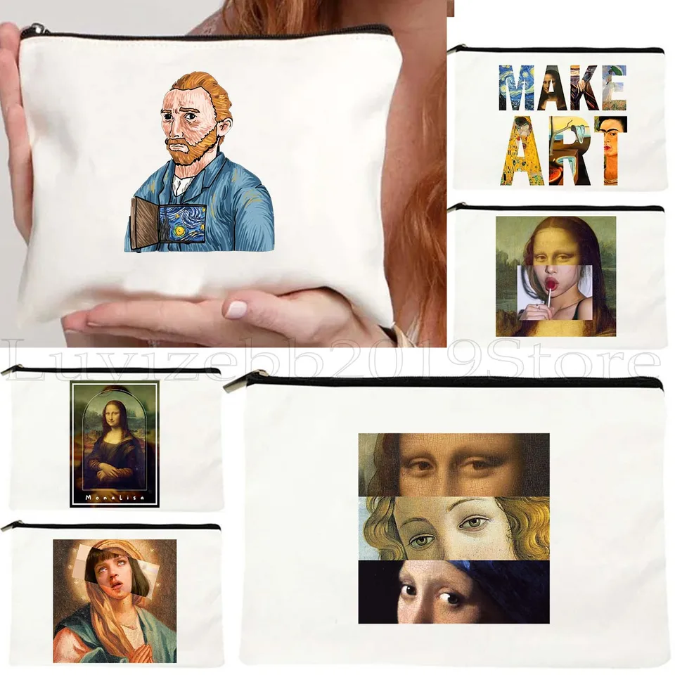 Vtipné maľby Art Slávne olejomaľby úsmev Monalisa Lollipop Van Gogh Canvas Cosmetic toalet Tack Taška ceruzka Puzdro na zips
