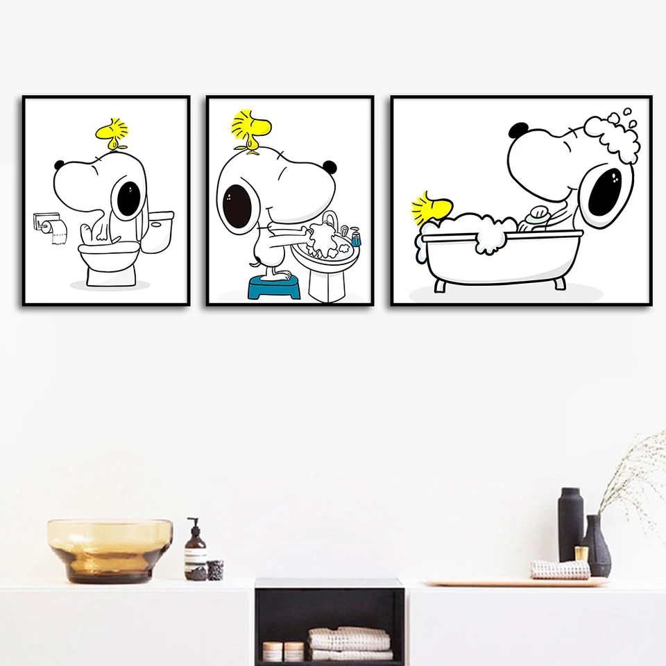 Vtipný snoopy drevársky maľba Minimalistické nástenné umenie plagát Tlač Cartoon Obrázok pre kúpeľňu toaleta domov pre deti
