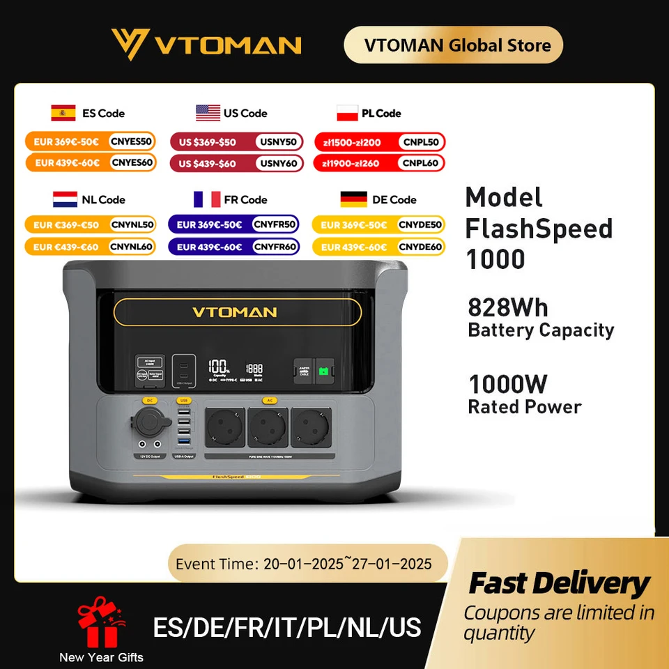 VTOMAN FLASHSPEED 1000 Prenosná elektráreň 2000W 828WH LIFEP04 Batéria pre vonkajší kempingový stan