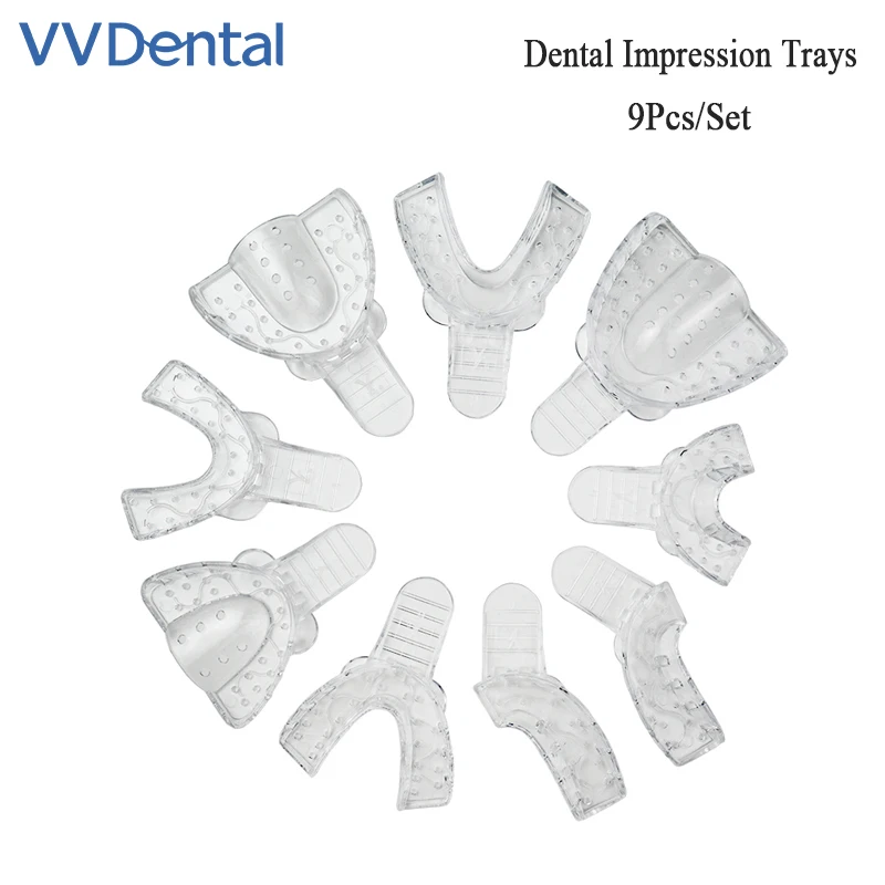 VVDental 9ks/set Dental Impress Trays Plastové držiak zubov na jedno použitie priehľadný podnos pre dospelé deti