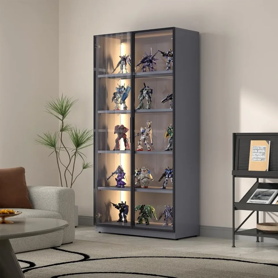 Vybraná skrinka so sklenenými dverami, kovová úložná skrinka so sklenenými dverami a LED, tmavo šedou sklenenou skrinkou pre zberateľstvo