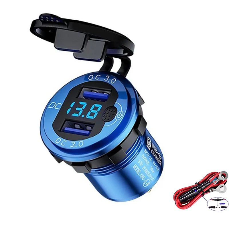 Vylepšené 12/24 V hliníkový kov 36W QC3.0 Dual USB automobilový nabíjací nabíjací nabíjací soket vodotesný s voltmeterom rýchly rýchly nabíjanie