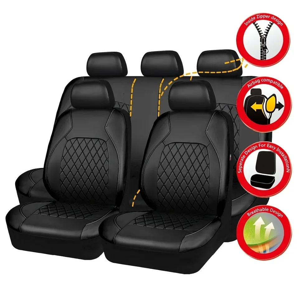 Vylepšite interiér svojho auta s 9pcs/set prešívané kožené závity naliehavé pokrývky sedadiel - airbag kompatibilné a priedušné!