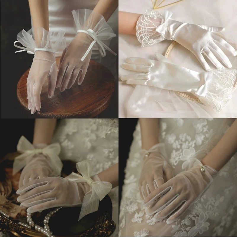 Vynikajúca svadobná svadobná svadobná biela biela čipka rukavice Pearls Ruffle Edge Ženy Dámske nevesty družičky