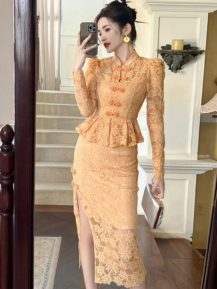 Vynikajúce luxusné šaty qipao Ženy celebrity kvetí kvetina duté single single breast -breast slit rúch Party prom cheongsam vestidos
