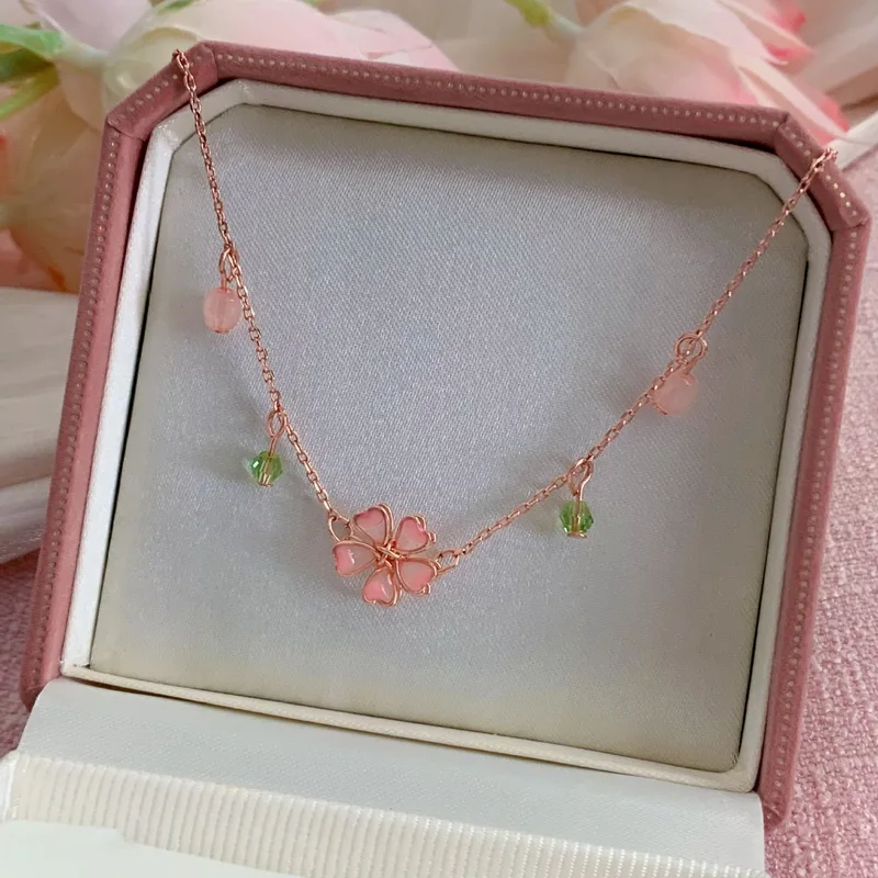Vynikajúce čerešňové kvety kvetinový náhrdelník pre ženy Crystal Zirkón ružové srdce motýľové reťaz retiazky Svadobné romantické šperky