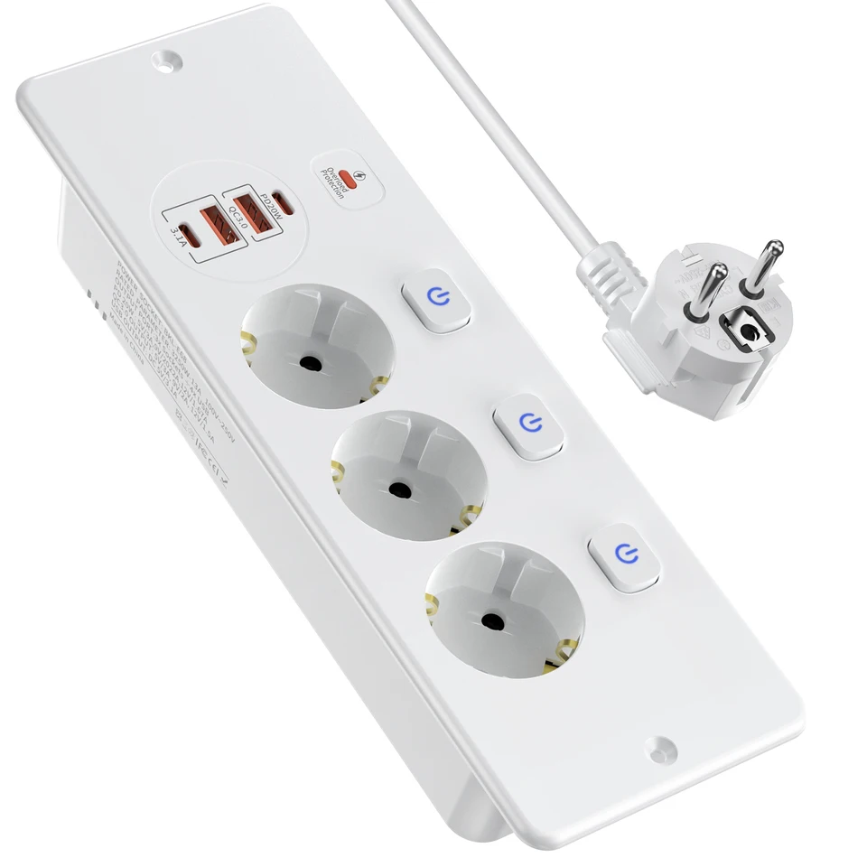 Vypustený zásuvkový pásový pás EU zapustený s objímkou ​​s jednotlivými spínačmi, Bulit v zásuvke s 2 USB A 2 USB C ETRACTABLE OUT
