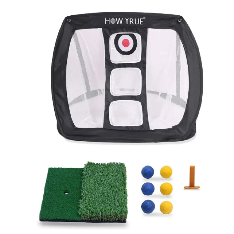 Vyskakovací golfový chipping sieť Dual Turf zasiahnutá rohož s 3 gumovými odpaliskami Combo 6 tréningových loptičiek na tréning