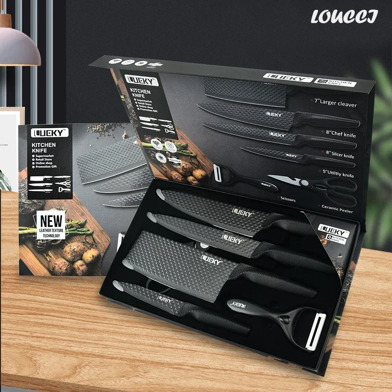 Vysoko kvalitná kuchynská súprava Knife Set 6 PCS Šéfkuchár SCLICING CLEAVER NON NOT S NICKÁLOM A REELER