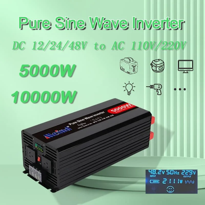 Vysoko kvalitná PSW Pure Sine Wave DC 12V/24V/48 V až AC 110V/220V 5000W Peak 10000 watt napájací menič s LCD displejom